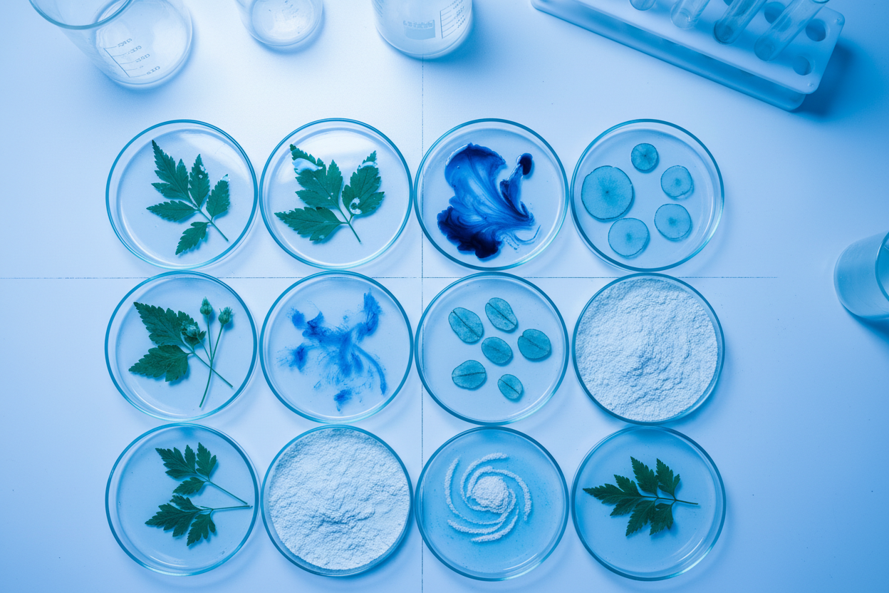 Blue toned top down scientific photograph of petri dishes with botanicals and collopidal oatmeal in them